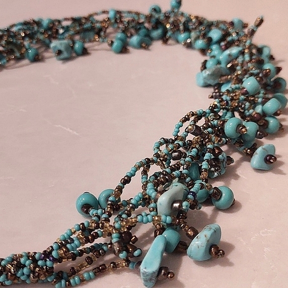 Multi Strand Handmade Turquoise and Bronze Beaded Necklace - Picture 5 of 12